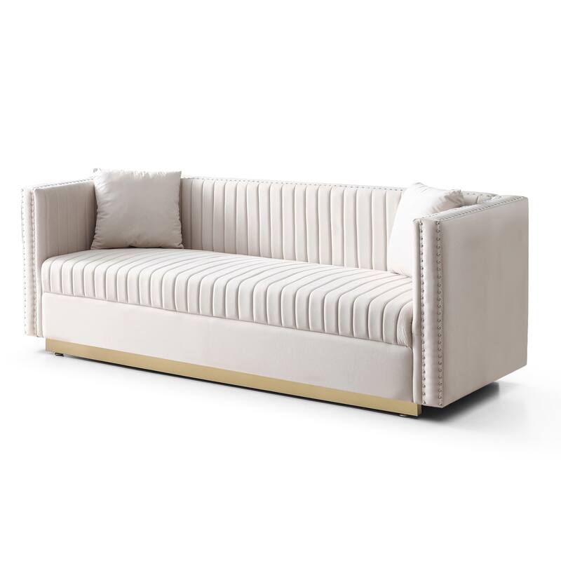 Contemporary Velvet Sofa with Channel Tufting and Gold Base, Perfect for Living Room or Apartment