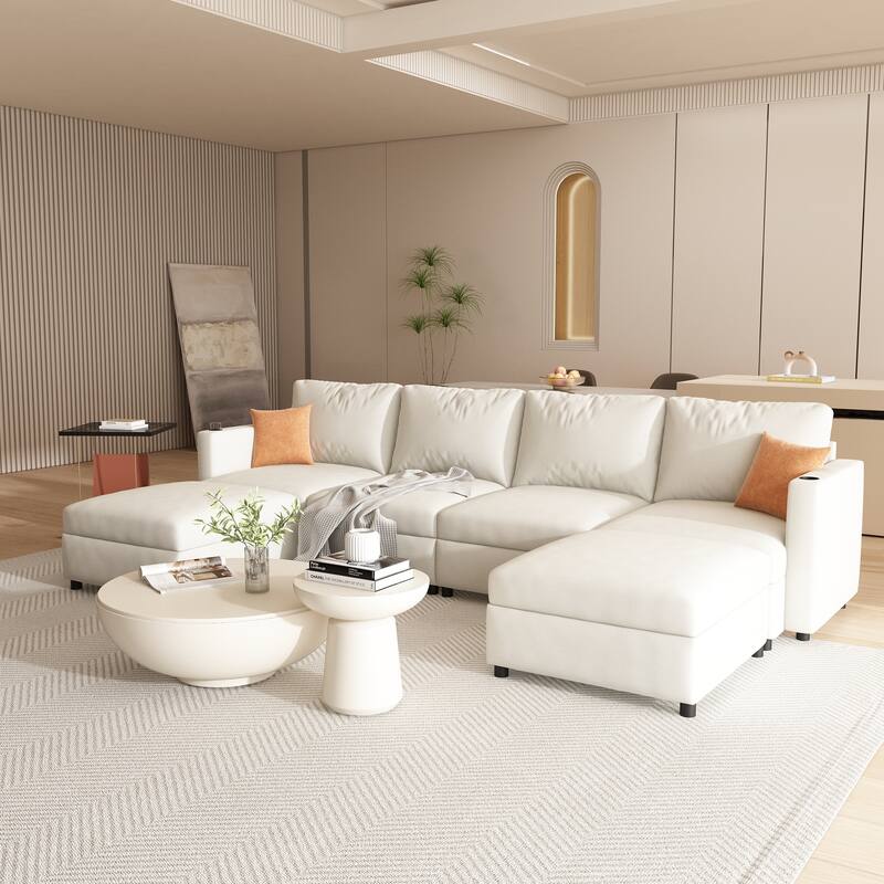 123" U-Shaped Modular 4 Seater Sectional Sofa with Storage Ottomans, Easy Assembly and Transport