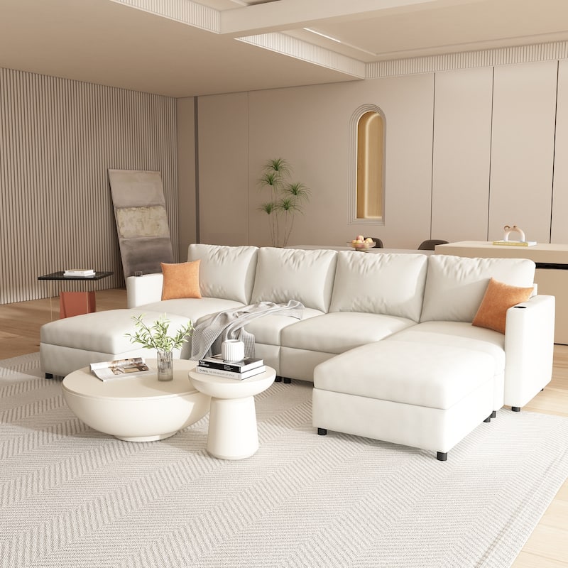 Christopher Knight Home - Stellar Modular U-Shaped Sectional Sofa Bed with Storage, 6 Seats, Ottoman, and Chenille Fabric
