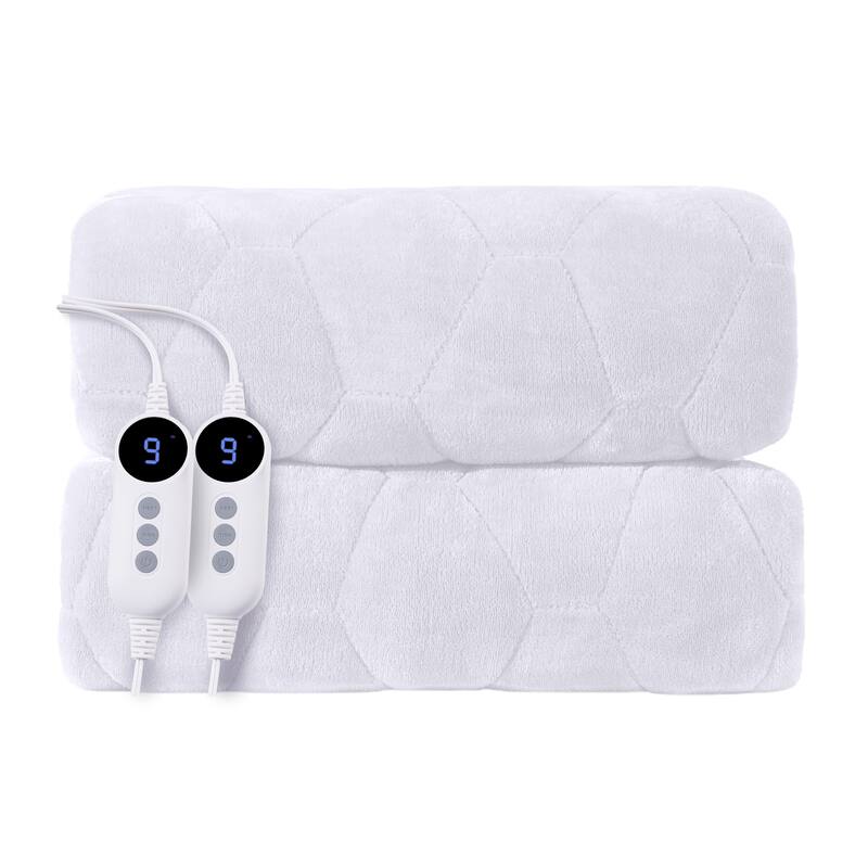 Flannel Electric Mattress Pad, Dual Control and Temperature Regulating - White/Dual Control/Queen - Queen