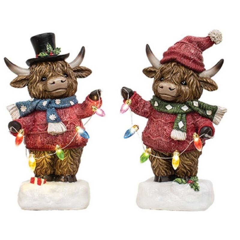 Festive Resin Highland Cow Figures with Winter Sweaters and Functional String Lights 2 Asstd. - 9" H x 5" W x 2.75" D
