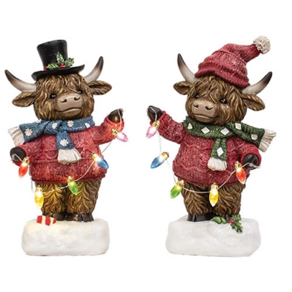 Festive Resin Highland Cow Figures with Winter Sweaters and Functional String Lights 2 Asstd. - 9" H x 5" W x 2.75" D