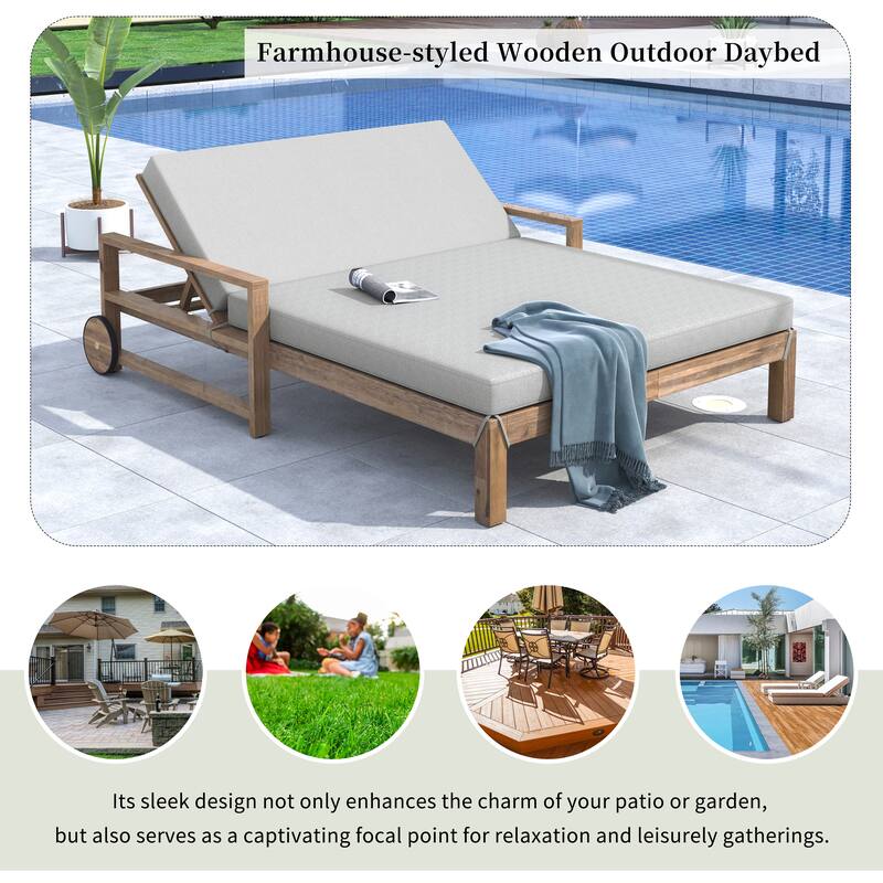 Outdoor Patio Solid Wood Double Daybed Sunbed with Adjustable Backrest and Wheels