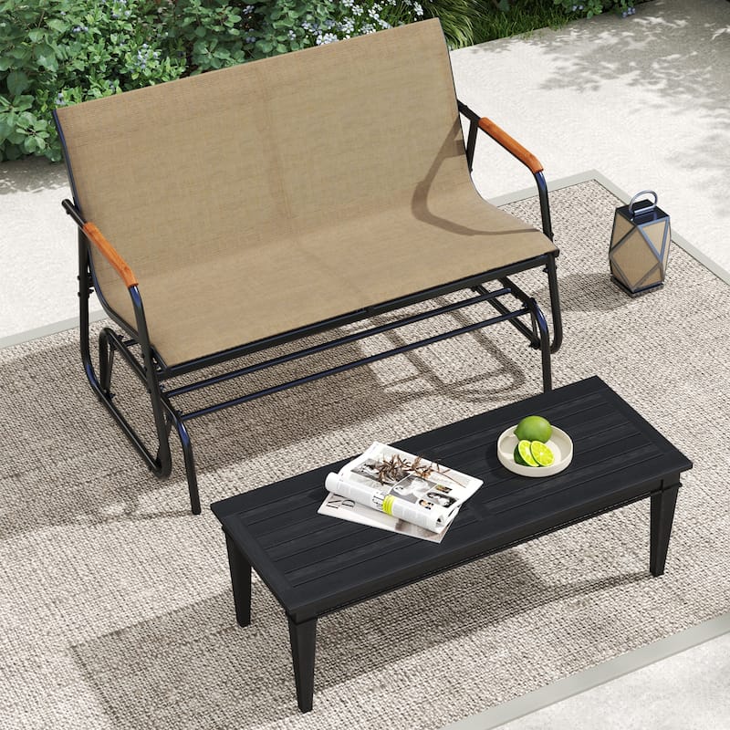 Black Brown Metal Glider Bench with Teak Armrests and 2-Person Seat - 29" L x 45" W x 33" H