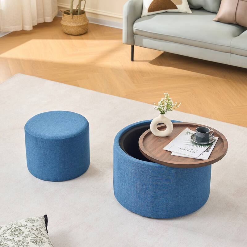 22.75" Linen Upholstered Round Nesting Storage Ottoman - Blue