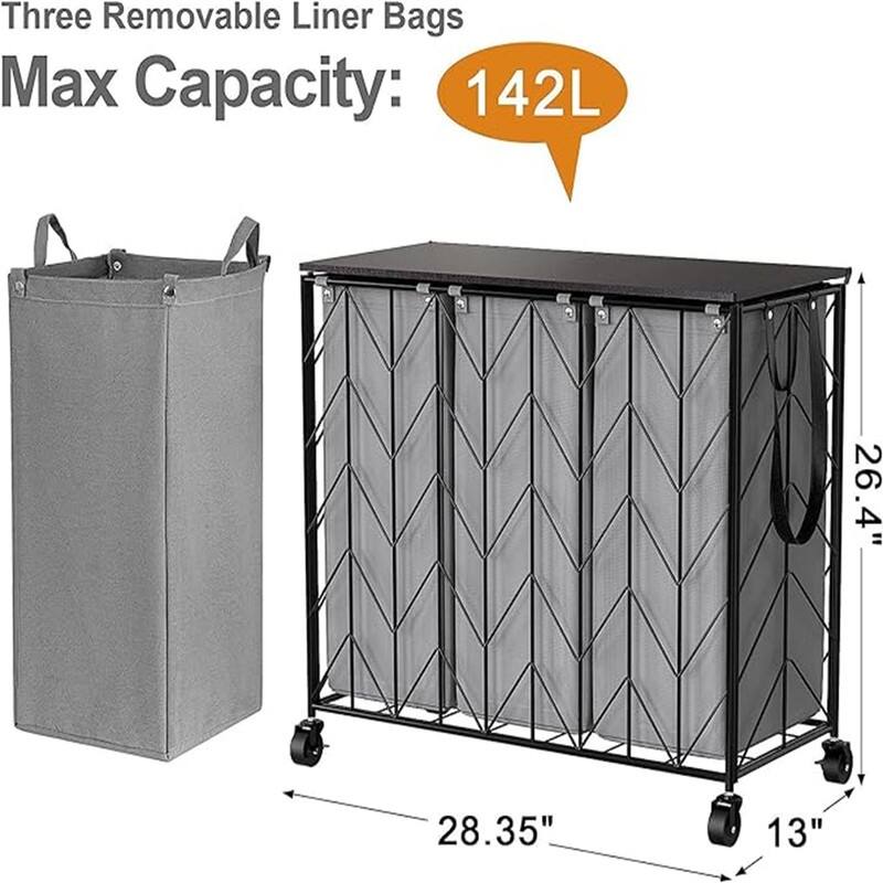 Laundry Basket with Wheels, 142L Laundry Hamper 3 Section with Lid - 28.35"L x 13"W x 26.4"H