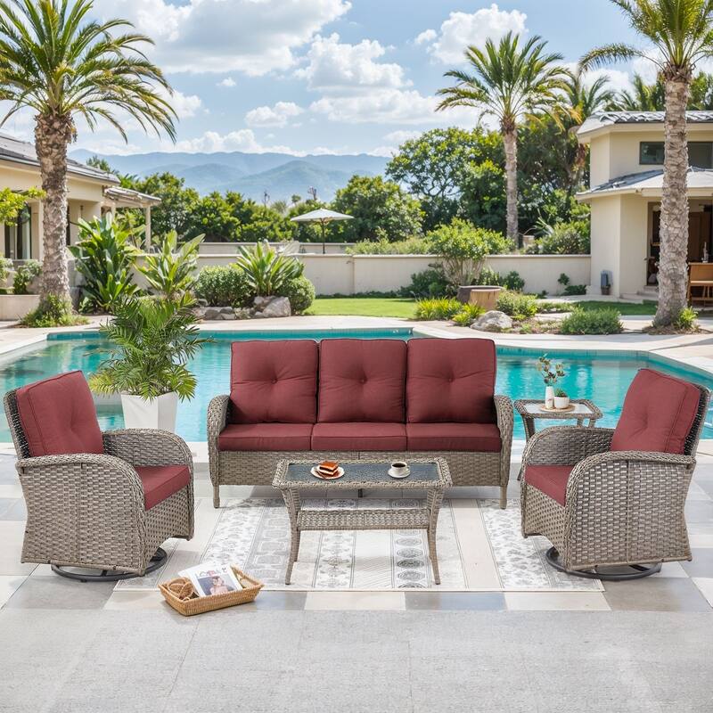 5 Pieces Sofa with Swivel Rocking Chairs Table Set - Grey - Red