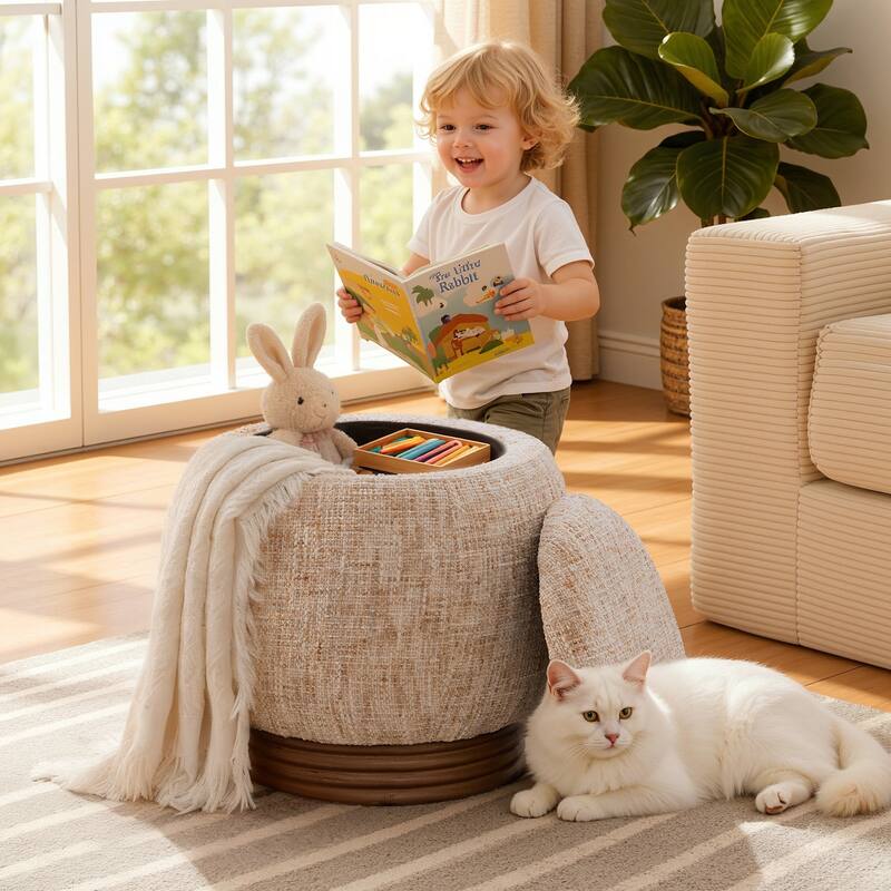 Round Storage Pouf Ottoman Footstool with Flip-top and Acacia Frame