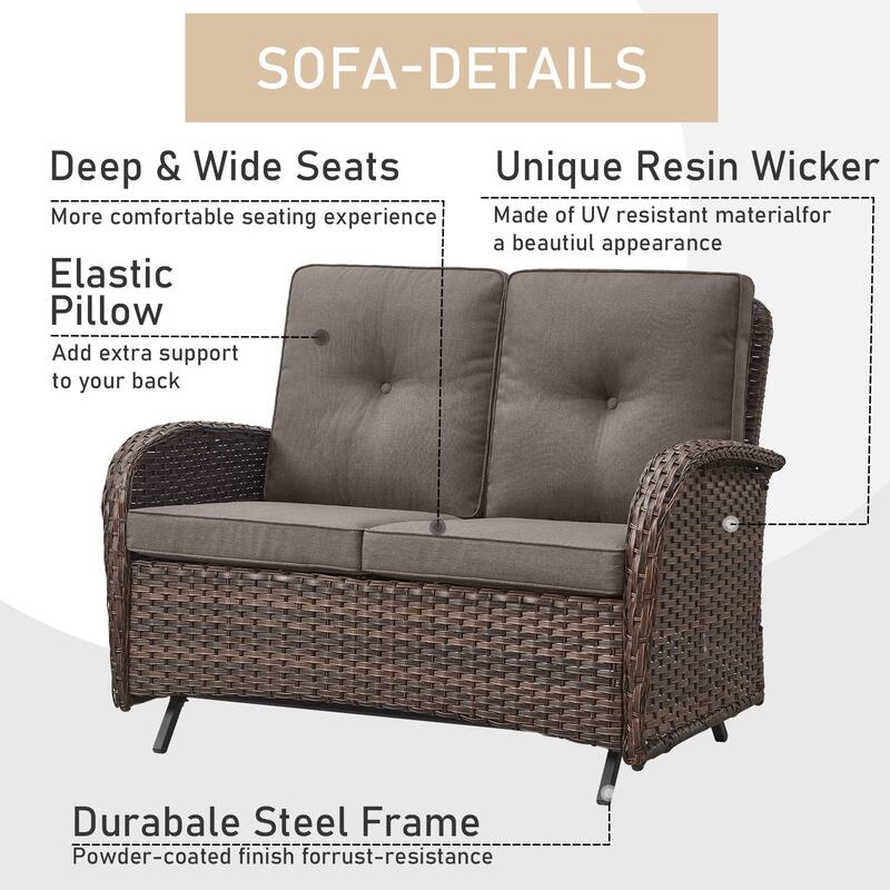 Pocassy 7 Pieces Glider Sofa with Patio Chairs Ottomans Table