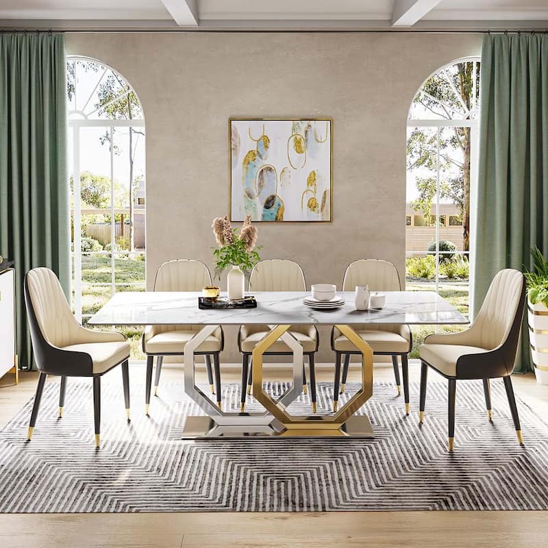 Modern White Marble Dining Table with Rectangular Tabletop, Golden Hexagonal-Legged legs, Dining Room Table for 8 - 79"