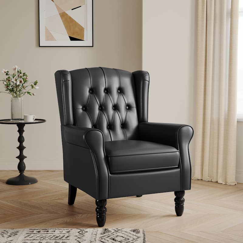 Button-Tufted Accent Chair Wingback Armchair - 38"H - Black-Leather
