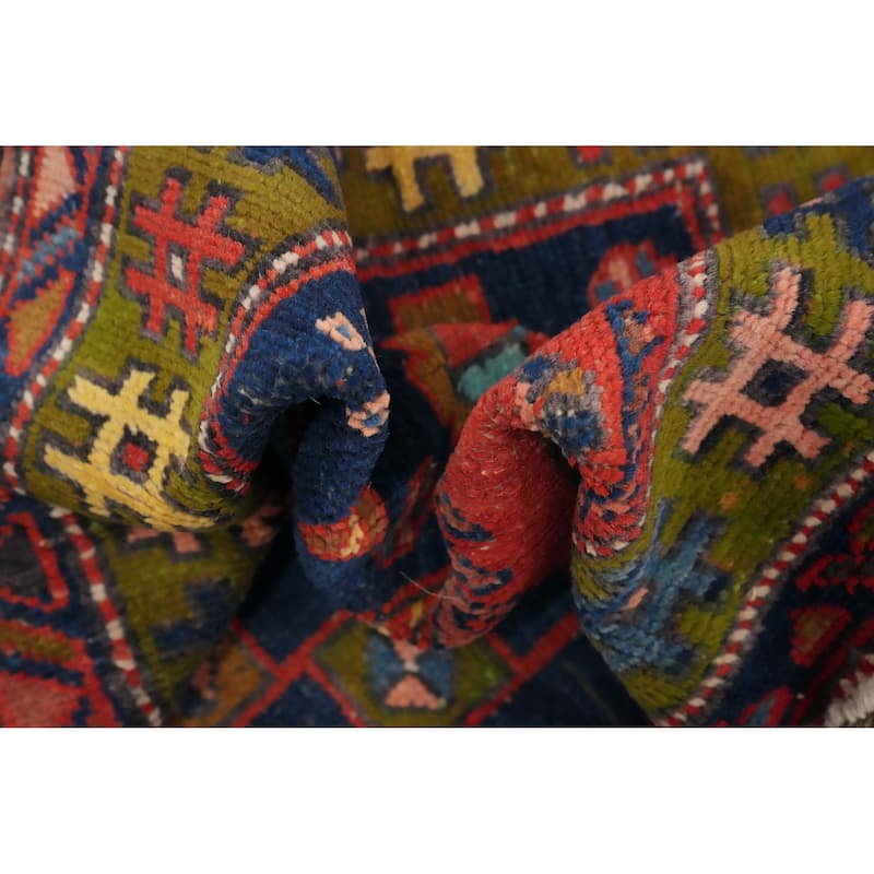 Hand Knotted Oriental 100% Wool Carpet Traditional Tribal Navy Blue & Blues Heriz Runner Rug - 9' 7'' X 3' 6''