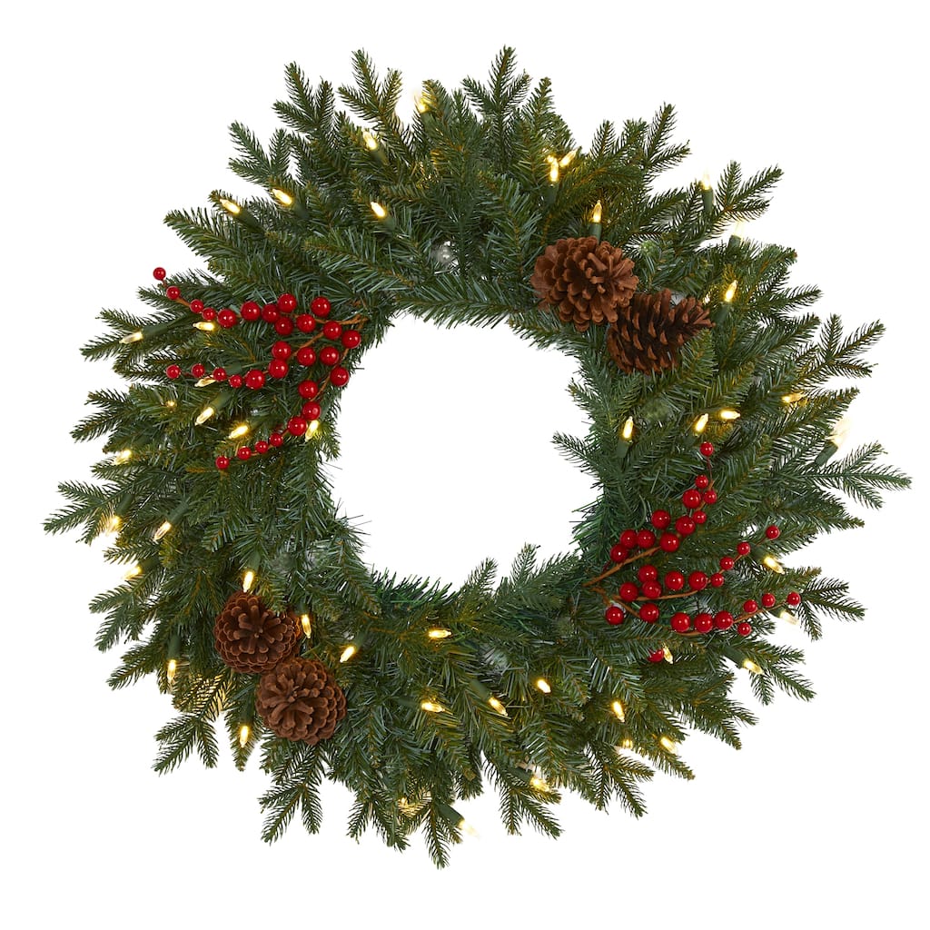 24" Green Pine Christmas Wreath with 50 Warm White LED Lights