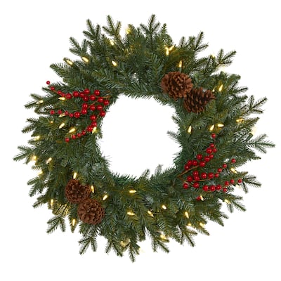 24" Green Pine Christmas Wreath with 50 Warm White LED Lights