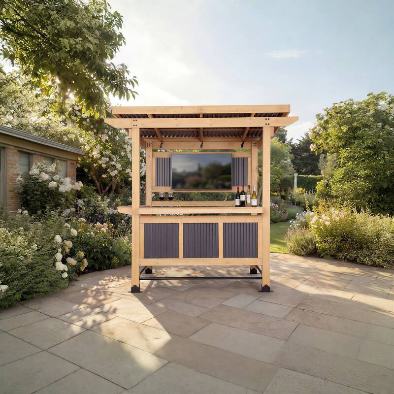 Cedar Wood Outdoor Bar Gazebo with PVC Roof, 85" x 76" Backyard Pavilion with TV Mount, Double Bar Counte