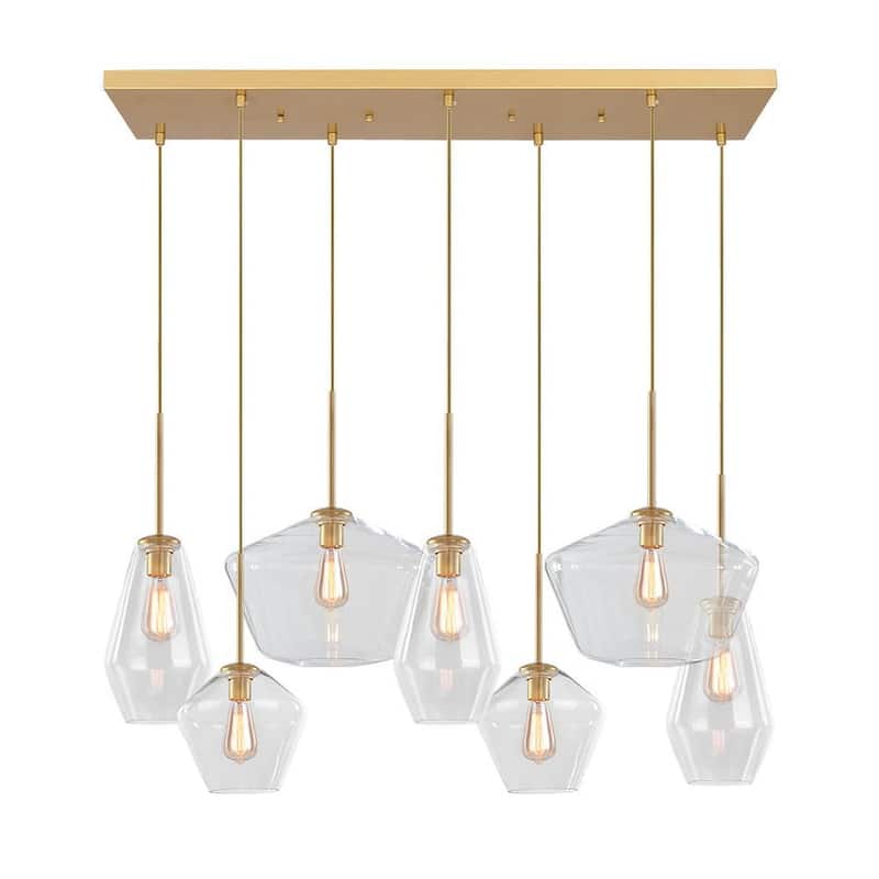 7-Light Cluster Geometric Glass Shade Kitchen Island Pendant - Brass