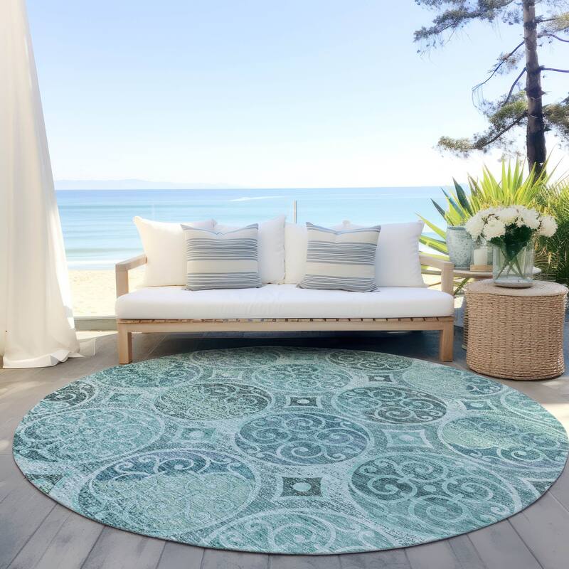 Machine Washable Indoor/ Outdoor Chantille Vintage Medallions Rug - Teal - 8' x 8'