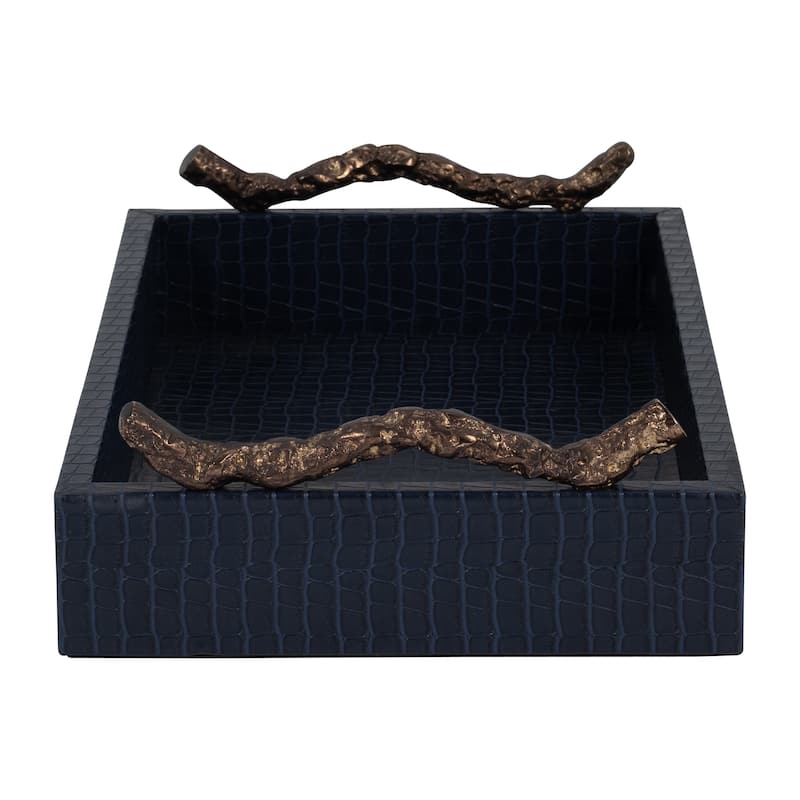 Sagebrook Home's Faux Leather 16" Copenhagen Tray in Chic Navy/Gold - Durable MDF, Aluminum Accents - 16" x 10" x 4"