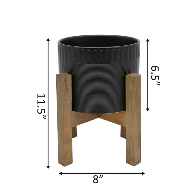 Mid-Century 8" CERAMIC DUMPLING POT ON WOOD STAND,Matte White