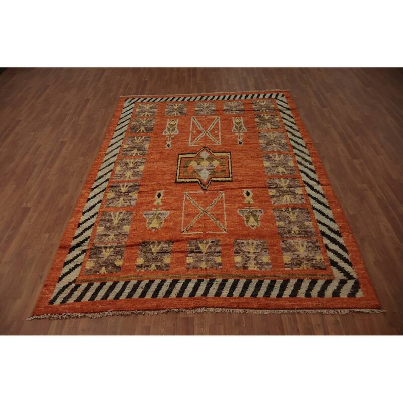 Hand Knotted Oriental 100% Wool Carpet Modern Tribal Oranges & Rust Moroccan Area Rug - 9' 9'' X 6' 10''