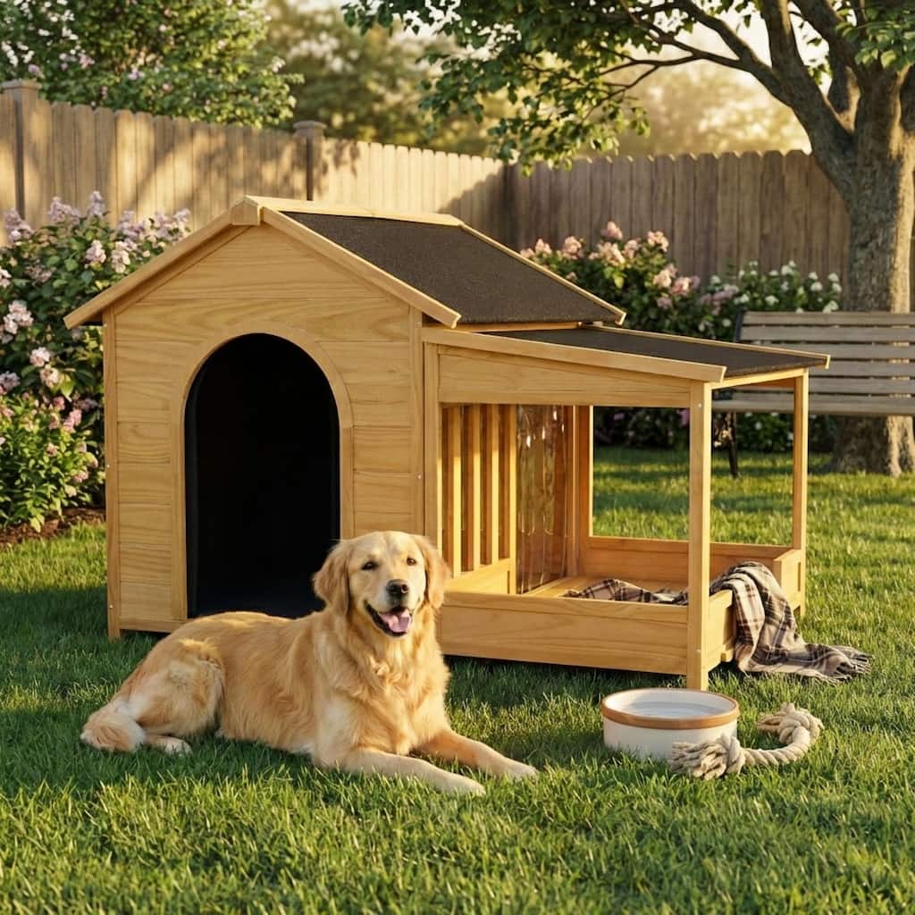 60.2" Large Outdoor Dog House with Insulated Liner for Waterproof for Medium & Large Dogs, with Porch and Asphalt Roof and Floor