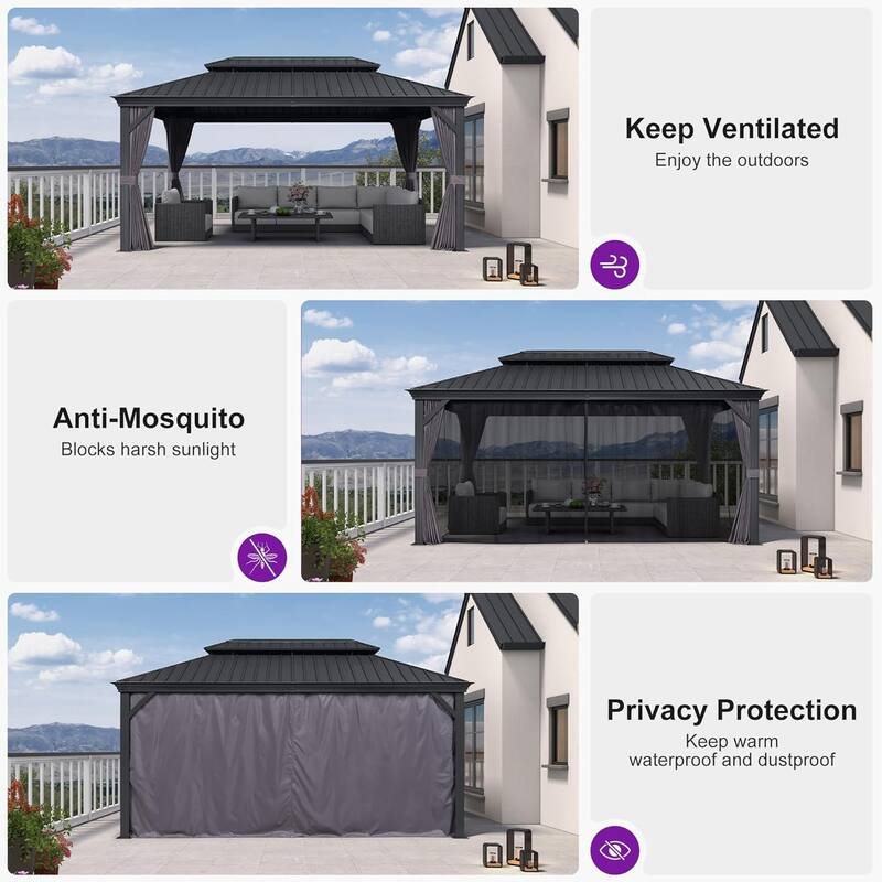 PURPLE LEAF Outdoor Galvanized Steel Full size Hardtop Gazebo Aluminum Frame Gazebo With Curtains