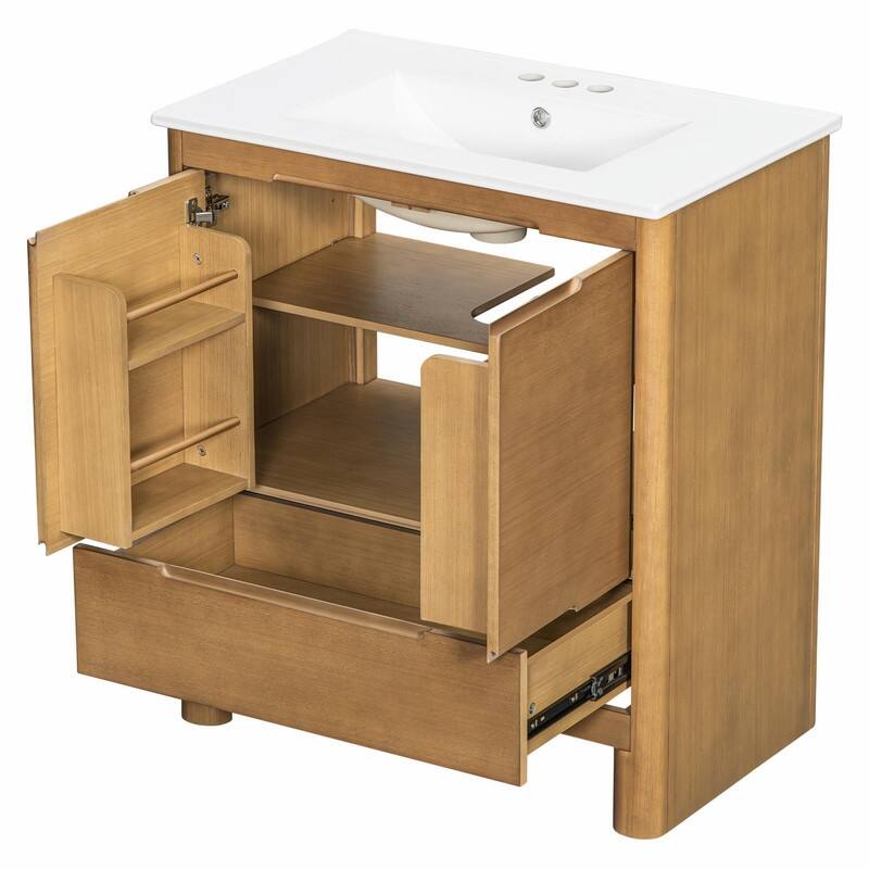 30 Inch Modern Bathroom Vanity with Ceramic Sink, Natural Wood Grain Cabinet, Solid Wood Frame