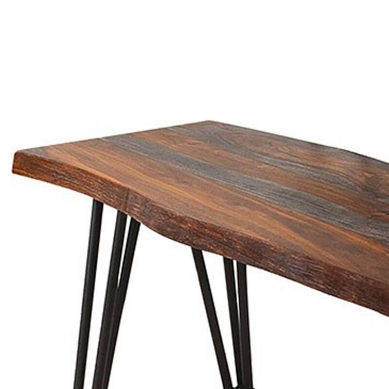 Moka 70 Inch Dining Bench, Live Edge Gray Sheesham Wood, Metal Hairpin Legs