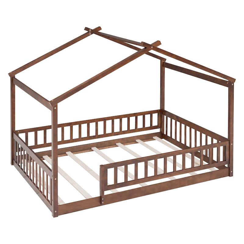 Wood Bed House Bed Frame with Fence for Kids