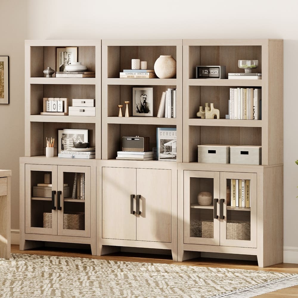 WAMPAT 74" Tall Bookshelf with Glass Doors, Farmhouse Bookcase with Open Shelves