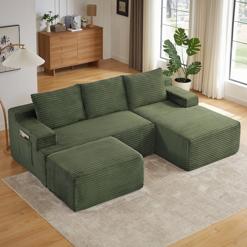 Corduroy Upholstery Cloud Modular Sectional Sofa with Chaise and Pillows, All-Foam Compression Design