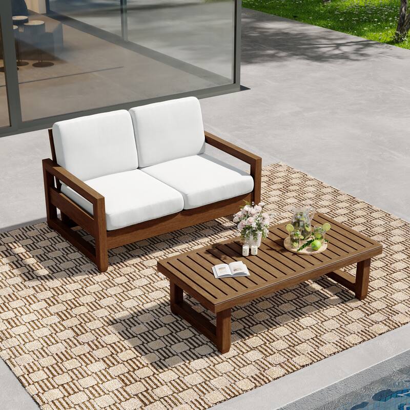 Outdoor Patio Loveseat Table Set Teak Wood with Cushion