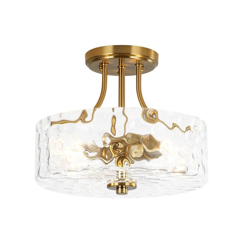 Nickel 2-Light Water Glass Round Semi Flush Ceiling Light - 11.8in