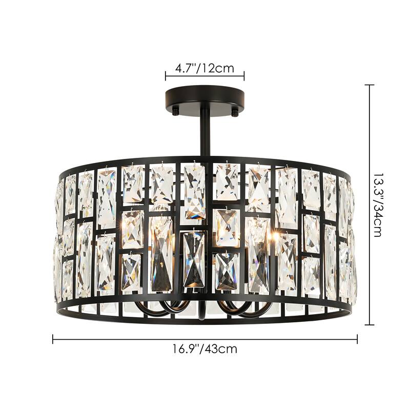 3/5-Light Industrial Vintage Black Drum Semi-Flush Mount Ceiling Light with Crystal Accents