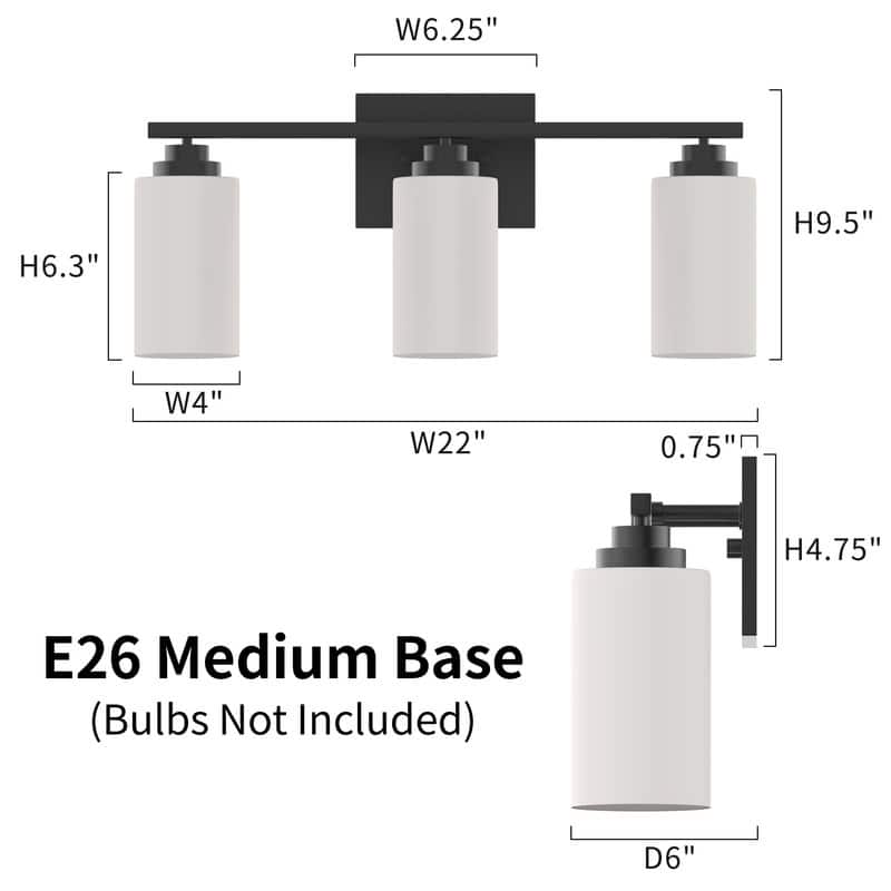 KAWOTI 3-Light Dimmable Bathroom Vanity Light with Frosted White Glass