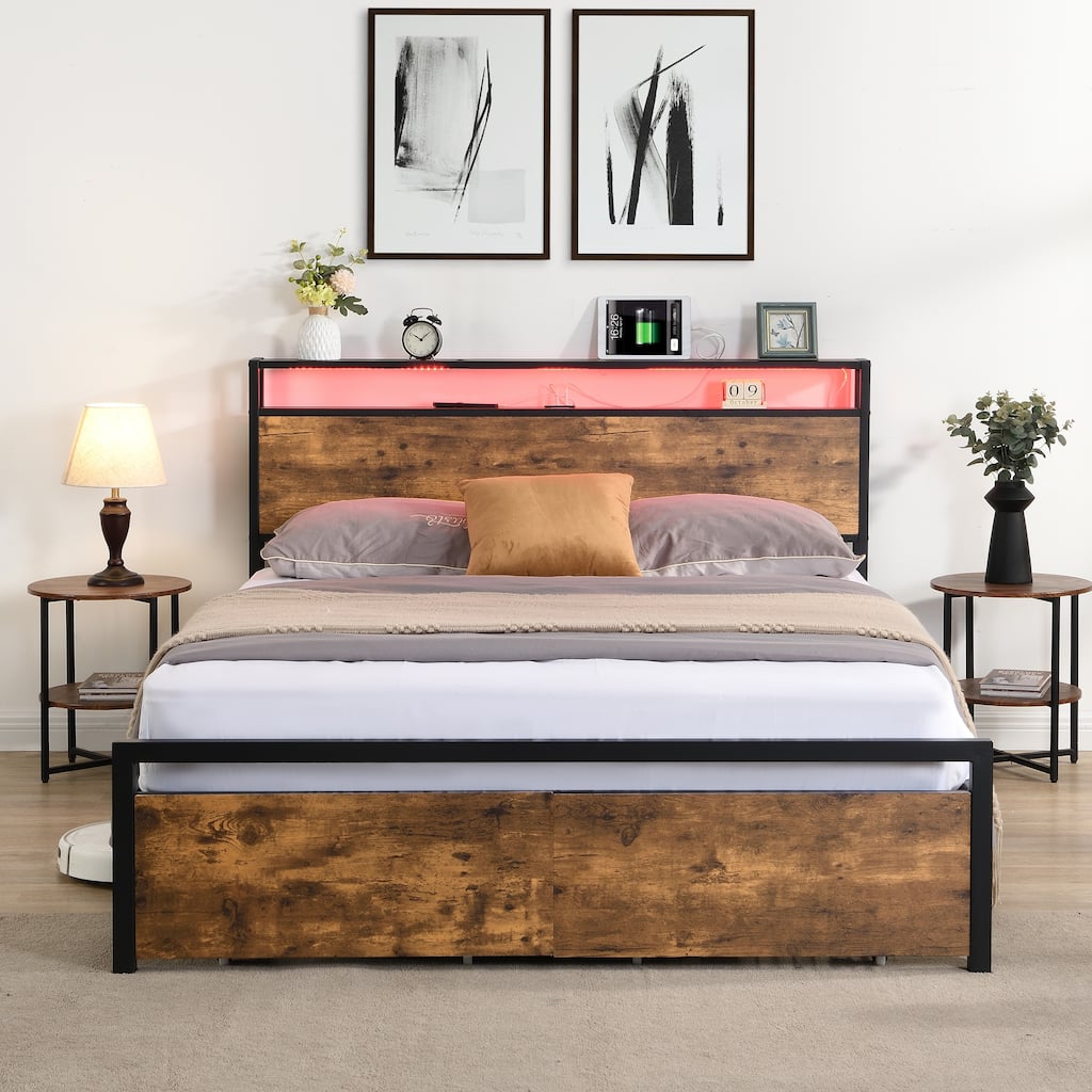 Metal Platform Bed Frame with 2Drawers & Charging Station-Full, Brown