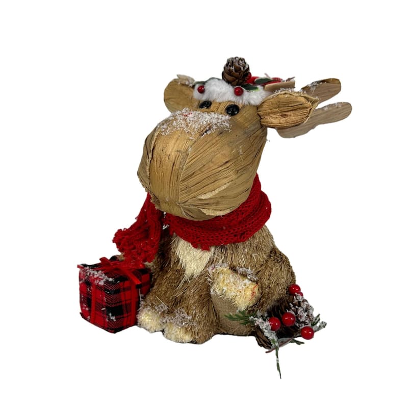 Straw Reindeer Moose Christmas Figurine - 10.25" - Brown and Red