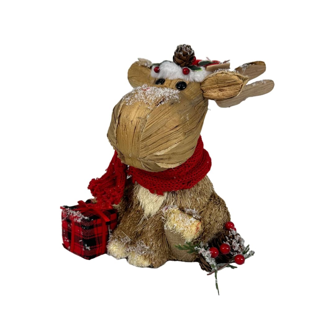 Straw Reindeer Moose Christmas Figurine - 10.25" - Brown and Red