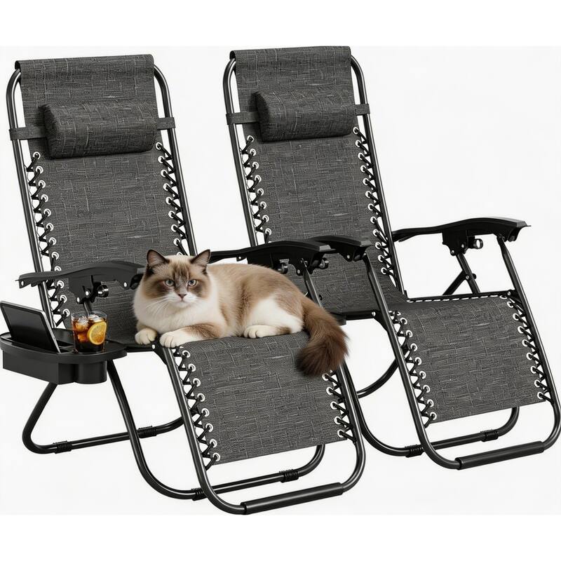 Zero Gravity Chair Set of 2, with Pillow & Cup Holder Tray - Grey