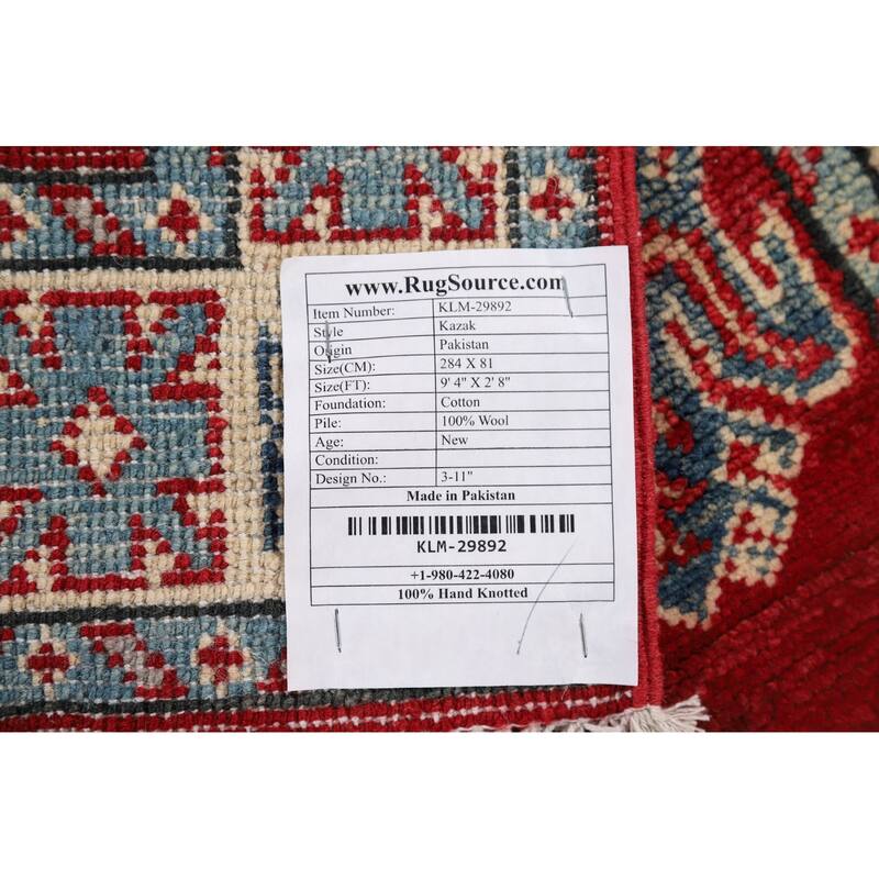 Red Geometric Kazak Oriental Runner Rug Handmade Wool Carpet - 2'8" x 9'4"