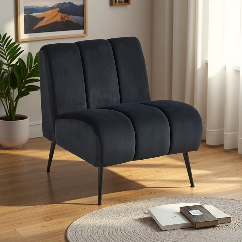Velvet Armless Accent Chair with Black Metal Legs - Black