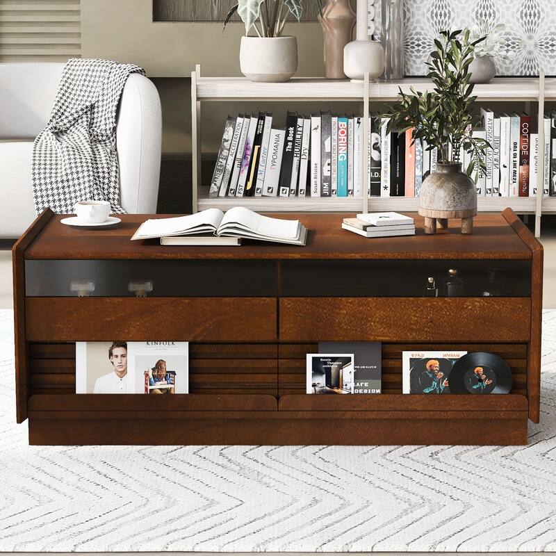 Modern Rectangle Coffee Table with 4 Drawers and 2 Display Shelves, 47.2" Wood Coffee Table with Fluted Style, Tempered Glass - Brown