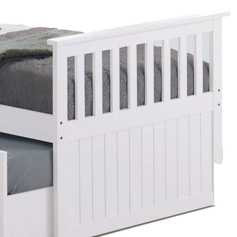 Clen Twin Captain Bed, Trundle with 3 Drawer Storage, White Solid Hardwood