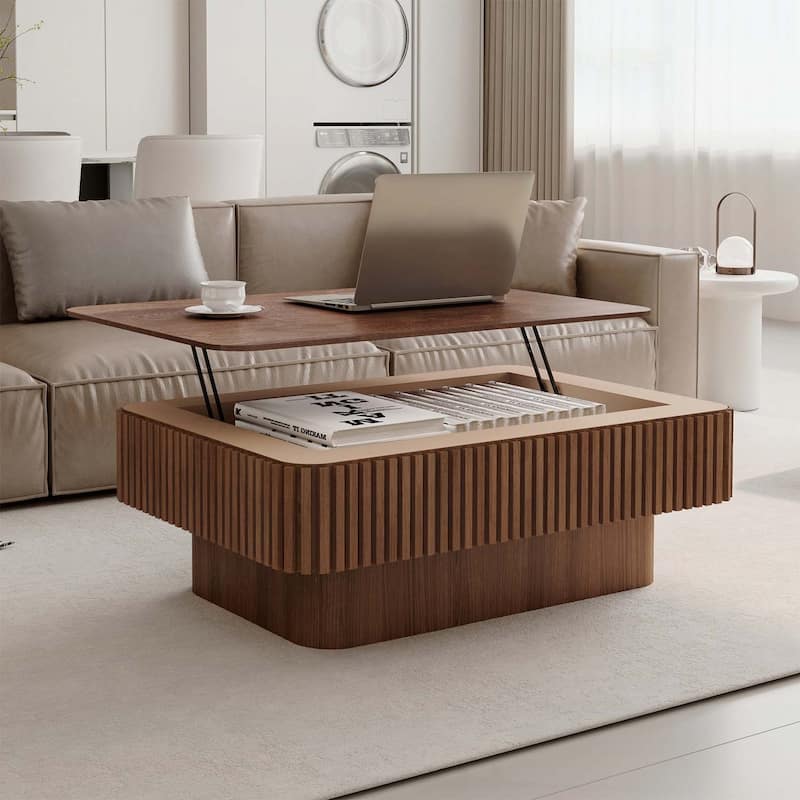 Modern Fluted Lift-top Coffee Table with Storage and Adjustable Height,for Living Spaces