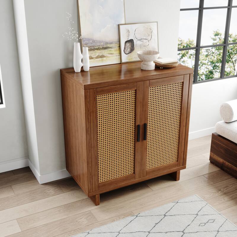 Farmhouse Woven Rattan Sideboard Accent Cabinet