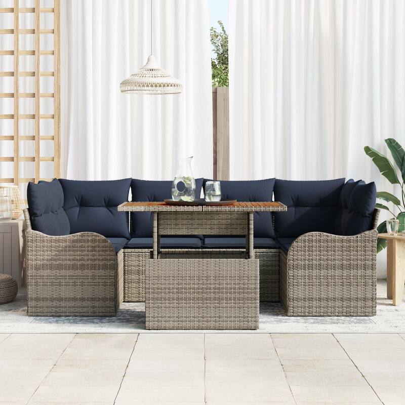 vidaXL 7 Piece Garden Sofa Set with Cushions Grey Poly Rattan Acacia - 92.1 x 48.2 x 27.2