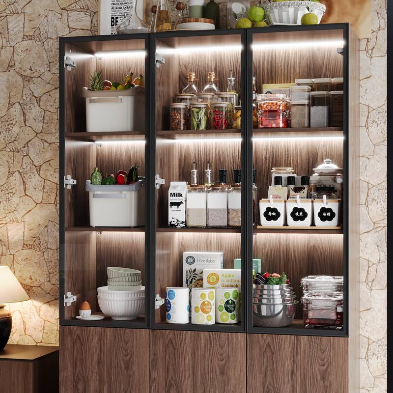 Bookshelves Bookcase Modular Glass Display Cabinet with LED Lights, Dark Wood Storage Combination Cabinet System