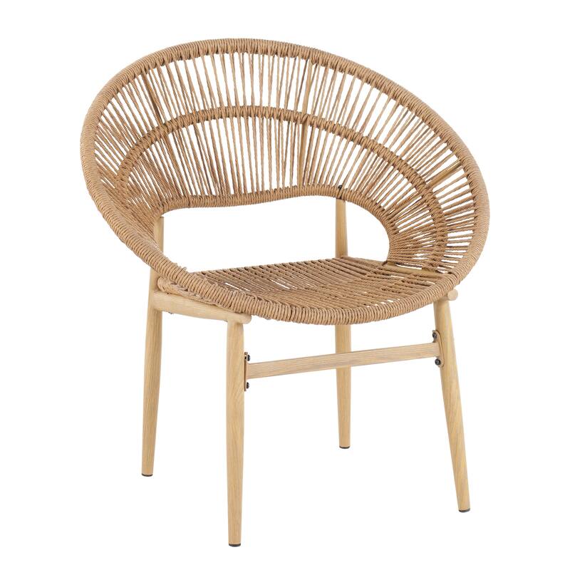 Roomfitters Cyril Outdoor Wicker Papasan Dining Chairs with Teak Finish Legs, Light Brown and Beige