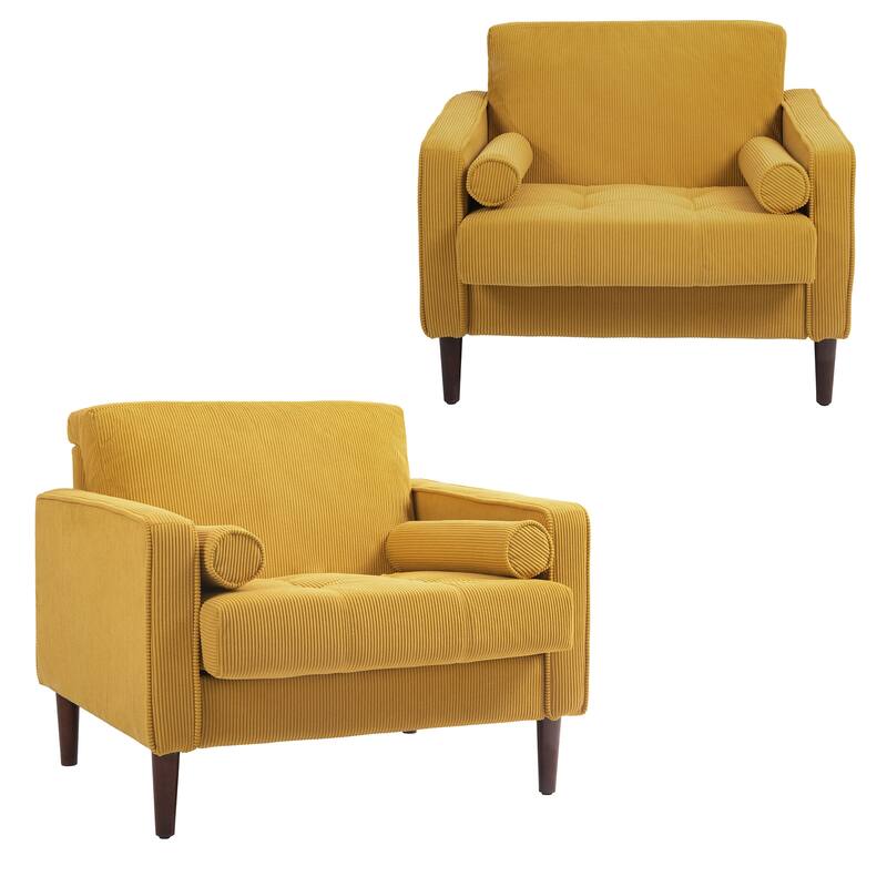 Corduroy Upholstered Armchair with Bolster Pillows Set of 2