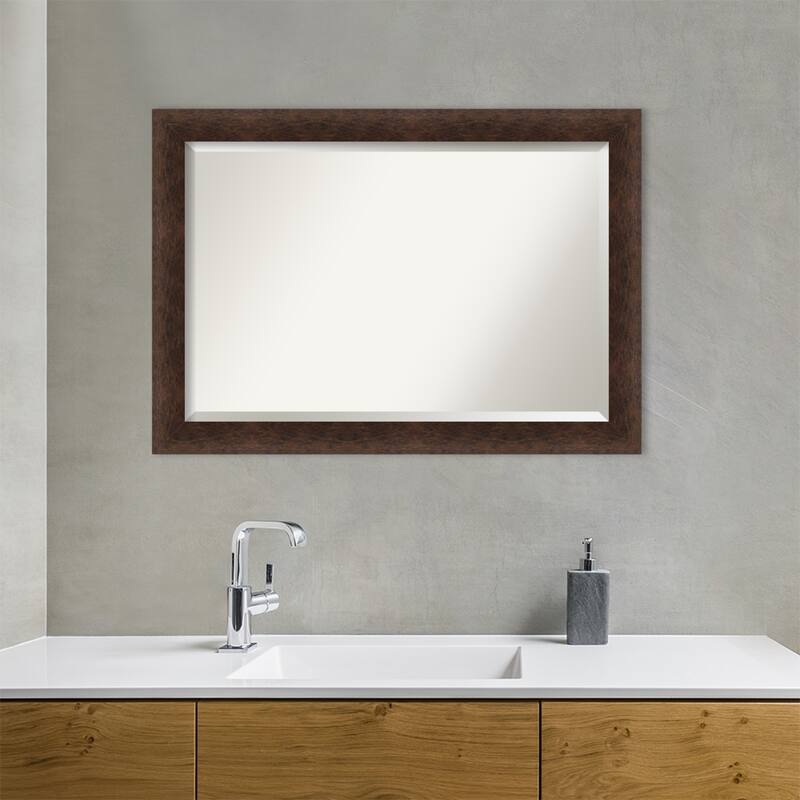 Warm Walnut Beveled Wood Framed Bathroom Vanity Wall Mirror - Warm Walnut